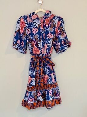 Navy Floral Button-Front Mini Dress with Waist Tie M Balloon Sleeve Ruffle